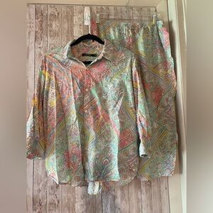 Lauren Ralph Lauren 2 piece PJ set paisley pastel shirt / pant pink green XL